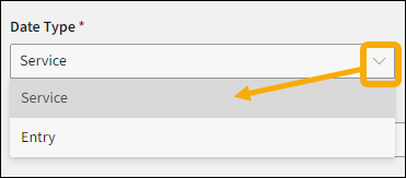 Date Type field with yellow highlight box around the drop down menu and with a yellow arrow pointing downwards to selections.